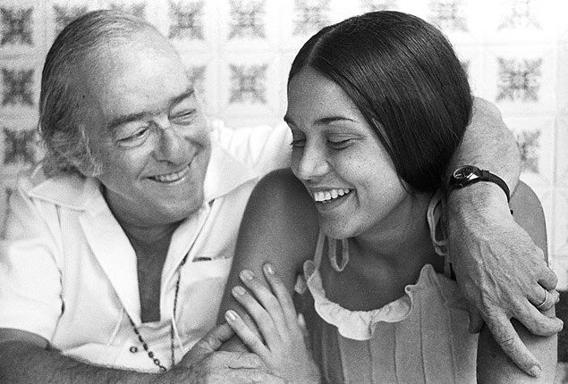 Vinicius de Moraes e a cantora Joyce Moreno na varanda do bar Antônio's 