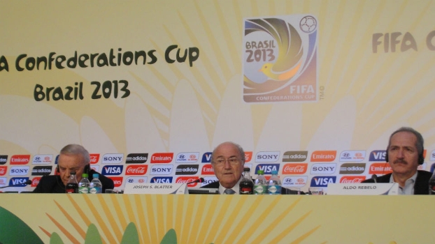 José Maria Marin, Joseph Blatter e Aldo Rebelo em coletiva da Fifa e do COL no Rio de Janeiro