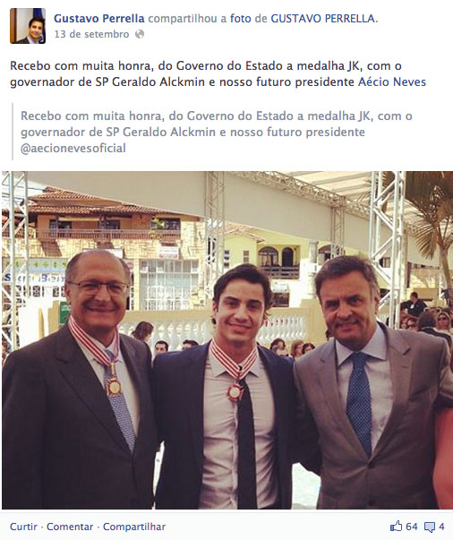 Ao lado do governador paulista, Geraldo Alkmin, e do senador mineiro Aécio Neves, Perrella publica foto em uma rede social